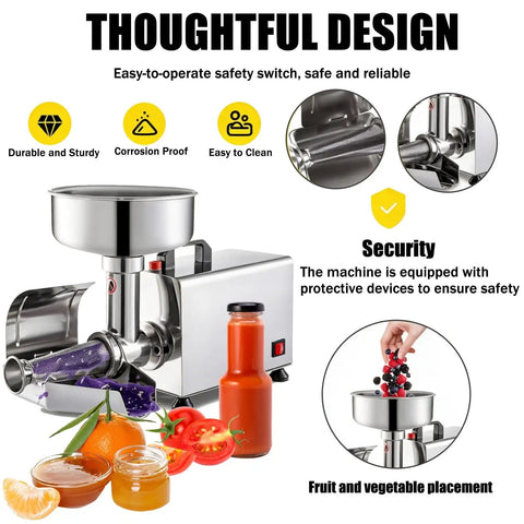 Fresh 450 Watt Electric Tomato Sauce Maker With Powerful Motor For Smooth Strawberry Jam And Puree with safety features and fruit.