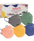Colorful KN95 Face Masks For Adults Pack Of 30 Individually Wrapped Comfortable Breathable Fit With Adjustable Black Earloops visible with packaging