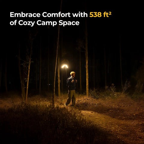 Person walking in dark forest illuminated by Upgraded Telescopic Camping Light With 15600mAh Battery Rotatable Lantern.