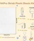 Shrink Plastic Craft Kit With 155 Pieces For DIY Jewelry And Keychains Includes 25 Shrinky Sheets 7.9x5.7in 100 Opening Jump Rings 10 Ear Hooks 10 Keychains 10 Chains And Instructions For Ages 14 Plus, showing various components and dimensions.