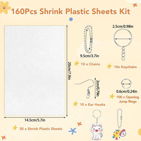Shrink Plastic Craft Kit With 155 Pieces For DIY Jewelry And Keychains Includes 25 Shrinky Sheets 7.9x5.7in 100 Opening Jump Rings 10 Ear Hooks 10 Keychains 10 Chains And Instructions For Ages 14 Plus, showing various components and dimensions.