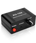 Front view of Mini Stereo Audio Preamplifier And Headphone Amplifier With 20dB Gain For Weak Signal Boost, compact black design