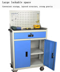 Heavy Duty Steel Rolling Tool Cabinet Featuring Auxiliary Workbench Top And Glide Out Drawers For Garage Setup. Blue tool cabinet with pegboard, lockable space, and wheels.