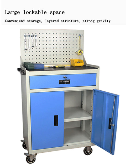 Heavy Duty Steel Rolling Tool Cabinet Featuring Auxiliary Workbench Top And Glide Out Drawers For Garage Setup. Blue tool cabinet with pegboard, lockable space, and wheels.
