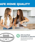 Two women in a kitchen with a Good Housekeeping quality seal and EPA certification endorsement.