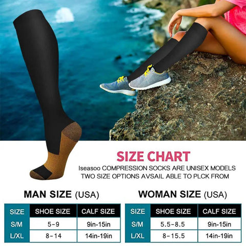 Compression Socks 15 To 20 MmHg All Day Comfort For Men And Women 8 Pairs Circulation Support Unisex Size Chart Displayed