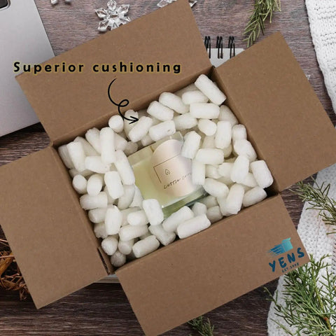 Hassle Free Biodegradable Corn Starch Packing Peanuts Bulk For Moving And Shipping inside a cardboard box, cushioning a glass bottle.