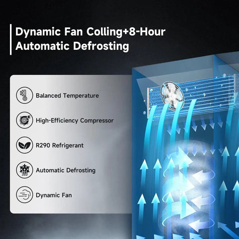 Dynamic fan cooling and automatic defrosting features of Heavy Duty Commercial Reach In Display Freezer With Two Swing Tempered Glass Doors Black 44 Point 7 Cubic Feet.