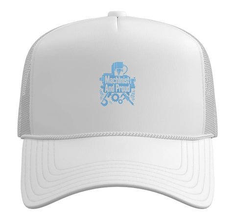 Cool White Trucker Hat For Machinists And CNC Guys With Vise Gauge Square And Edge Tool Design Adjustable Mesh Back Five Panel Cap, front view