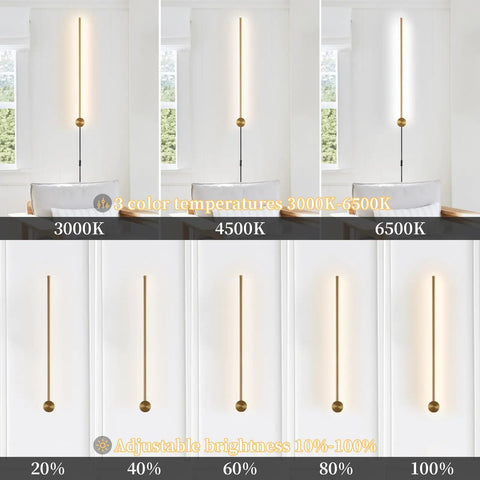 Dimmable Modern Plug In Wall Sconce Set Of 2 Gold Brushed Finish 23.6 Inch Indoor Wall Lamps With Memory Function And 3000K 4000K 6000K Color Temperature Perfect For Living Room And Bedroom showing adjustable brightness and color temperatures