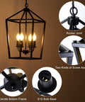 4 Light Black Farmhouse Chandelier With Industrial Iron Lantern Cage Pendant Light for kitchen, showing lit look and bulb details.