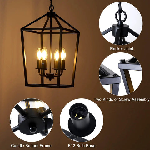 4 Light Black Farmhouse Chandelier With Industrial Iron Lantern Cage Pendant Light for kitchen, showing lit look and bulb details.