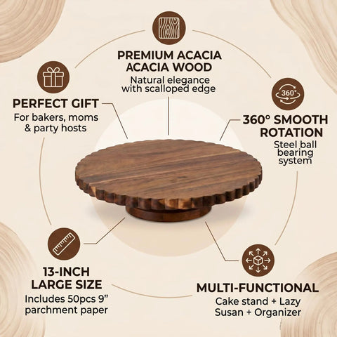 13 Inch Acacia Wood Cake Stand With Lazy Susan Rotating Turntable Decorator Choice Scalloped Wooden Server Kitchen MVP with features