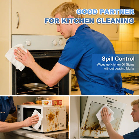 Person cleaning kitchen appliances using lint-free wipes for spill control