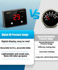 Front view of JJCOCO 232 PSI digital oil pressure gauge with red LED display and two knobs.