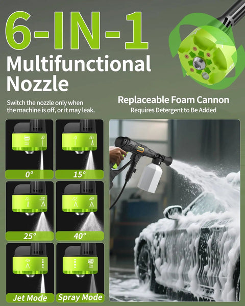 Cordless Handheld Washer With 775 Motor And 990 PSI, Battery Powered Portable Car And Outdoor Cleaner showing 6-in-1 nozzle