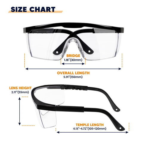 Clear Safety Glasses 12 Pack Polycarbonate Anti Fog Eyewear With All Day Comfort Adjustable Temples UV Protection Impact Resistant Wide Vision Goggles size chart showing measurements of bridge, overall length, lens height, and temple length for industrial work laboratory woodworking applications.
