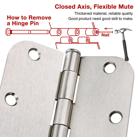 Heavy Duty Brushed Nickel Door Hinges 3.5 Inch Rounded Corners 48 Pack 270 Degree Rotation close-up showing hinge pin removal instructions.