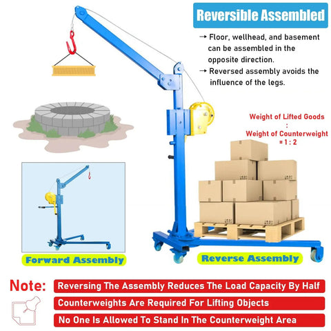 Heavy Duty Portable Hoist Stand Foldable Workshop Engine Crane With Two Way Self Locking Winch showing reversible assembly options.