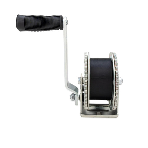 2000lb Manual Boat Trailer Winch With 20 Foot Strap, Two-Way Ratchet And Neutral, Comfort Grip Crank Handle, front view