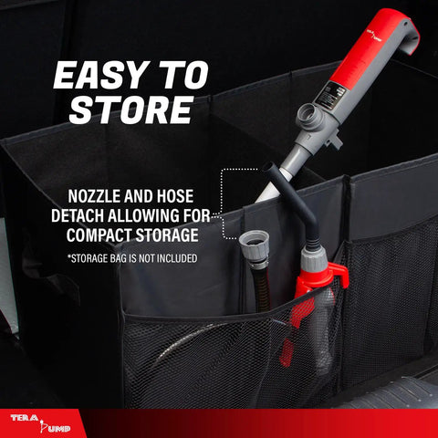 Portable Battery Powered Gas Transfer Pump for Gas Diesel and DEF with Quick Stop Nozzle in storage compartment