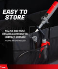 Heavy Duty Portable Battery Powered Fuel Transfer Pump With Flow Control Nozzle and Reinforced Vinyl Hose, compact storage options.