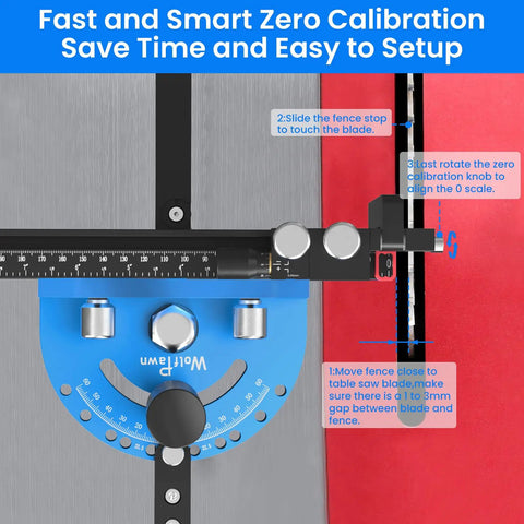 Top Shelf Table Saw Miter Gauge With Dead On Micro Adjustable Flip Stop, Extended Track Fence, Quick Angle Lock, Killer Precision For Woodworking Crosscuts And Joinery, showing zero calibration setup.