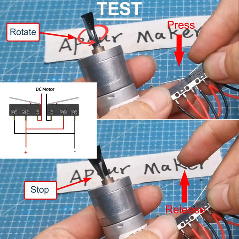 Testing a DC motor with a micro limit switch, showing wiring connections, rotation, and press-release mechanism.