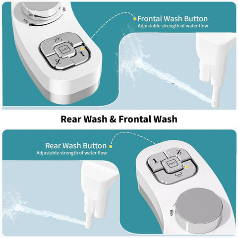 Bidet Attachment For Toilet With Dual Nozzles Frontal And Rear Wash Non Electric Fresh Water Seat Attachment Self Cleaning Nozzles And Adjustable Water Pressure Chrome Silver Easy Button Upgrade showing control buttons and nozzles.
