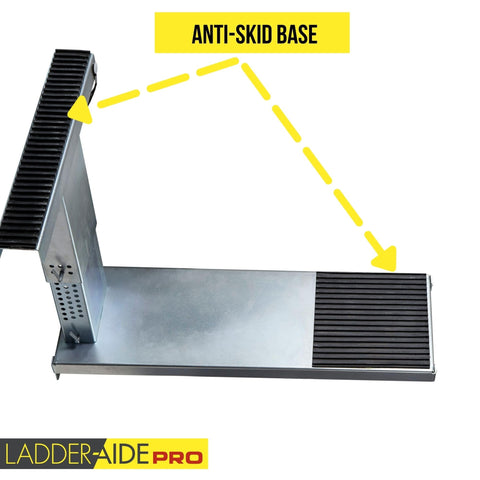 Ladder Aide Pro Foldable Ladder Leveler And Stabilizer for single and extension ladders with anti-skid base visible.