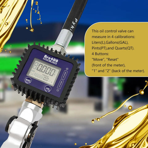 Kickass Heavy Duty Air Operated Oil Transfer Pump With Digital LCD Flow Meter Motor Fluid Dispenser Controller Fast Fill Nozzle and Rigid Hose for Shop Use digital flow meter display with buttons and hoses.