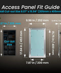 Image showing measurements for 8x16 Push To Open Drywall Access Panel Featuring Rugged Aluminum Frame and Waterproof Gypsum Core.