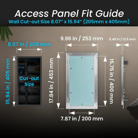 Image showing measurements for 8x16 Push To Open Drywall Access Panel Featuring Rugged Aluminum Frame and Waterproof Gypsum Core.