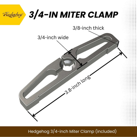 The Hedgehog 3/4-in miter clamp; metal woodworking tool shown in angled side view.