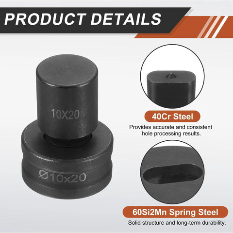 Hydraulic Hole Punch Die Set 10mm By 20mm Oval Hole In 40Cr Steel, black metal cylinder with oval die dimensions marked.