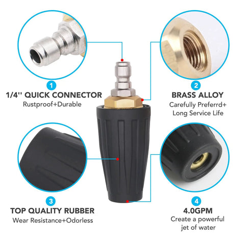 Front view of pressure washer turbo nozzle with 1/4-inch quick connector, brass alloy head, and ribbed rubber grip