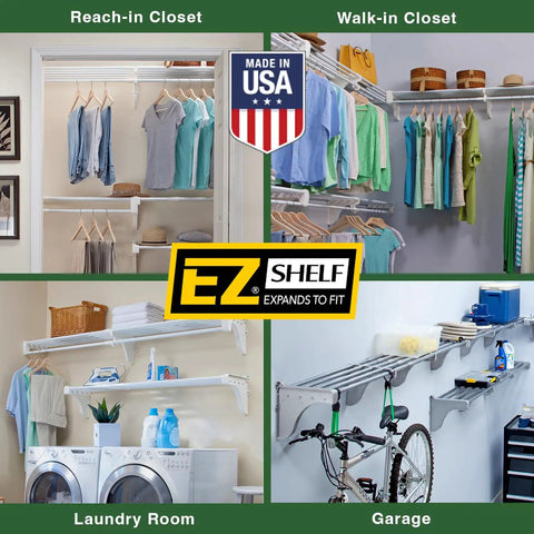 Expandable Closet Shelf And Hanging Rod System Adjustable From 17.5 To 27 Inches White Finish Holds Up To 200 Lbs Easy DIY Install showcasing usage in closets, laundry room, and garage.