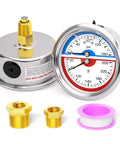 Stainless Steel Thermal Pressure Gauge 0 To 160 PSI And 30 To 250 Fahrenheit, Two And A Half Inch Dial, One Quarter Inch NPT, Liquid Filled
