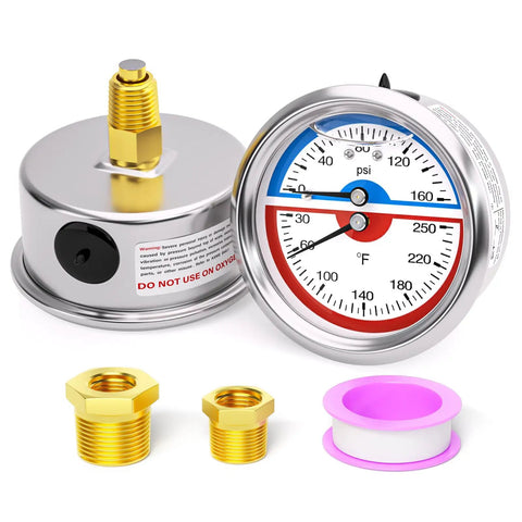 Stainless Steel Thermal Pressure Gauge 0 To 160 PSI And 30 To 250 Fahrenheit, Two And A Half Inch Dial, One Quarter Inch NPT, Liquid Filled
