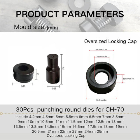 30 Piece Round Hole Punch Die Set For CH 70 Hydraulic Punch Machine, detailed measurements of oversized locking cap.