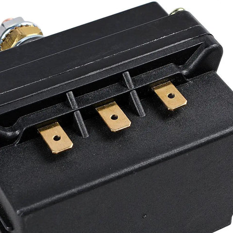 Close-up of Beefy 12V 500A Winch Solenoid Contactor Relay Replacement For 8000 To 12000 Lbs with visible connectors.