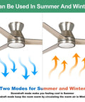 Dope Flush Mount Ceiling Fan With Remote Control, 52 Inch, Antique Nickel, showing summer and winter airflow modes.