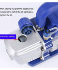Detail view of Premium Single Stage Rotary Vane Vacuum Pump For Automotive Air Conditioning Refrigerant Recovery showing blue oil filler cap.
