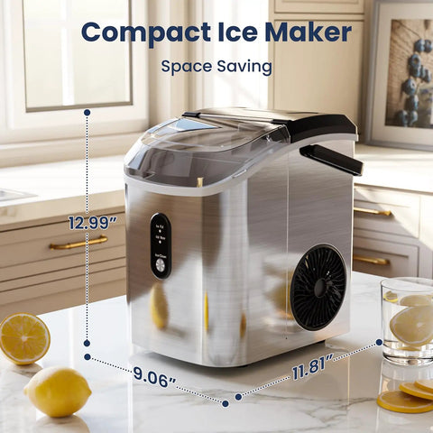 Crunchy Nugget Ice Maker For Countertop With Auto Cleaning 35 Lbs Per Day Portable Sonic Ice Machine on kitchen counter top.