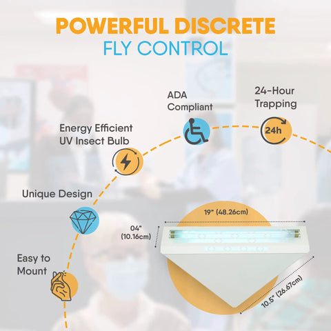 Diagram showcasing WS 90 Indoor Fly Trap for Restaurants and Healthcare Facilities with dimensions and features