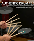 Playing the All In One Beginner Electric Drum Set With Four Quiet Eight Inch Pads, Three Ten Inch Cymbals, 120 Sounds