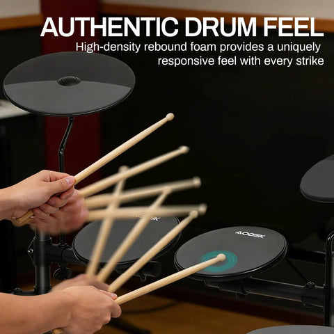 Playing the All In One Beginner Electric Drum Set With Four Quiet Eight Inch Pads, Three Ten Inch Cymbals, 120 Sounds
