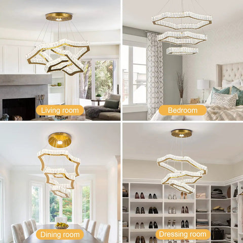 Lit Crystal Rings LED Chandelier With Integrated LED Strips Stainless Steel Frame Modern Hanging Ceiling Light in various rooms