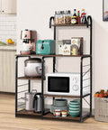 Hella Sturdy Five Tier Industrial Wooden Baker Rack Heavy Utility Storage Shelf No Fuss Oven Stand featuring kitchen appliances and storage.