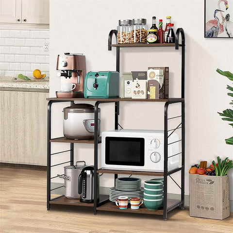 Hella Sturdy Five Tier Industrial Wooden Baker Rack Heavy Utility Storage Shelf No Fuss Oven Stand featuring kitchen appliances and storage.